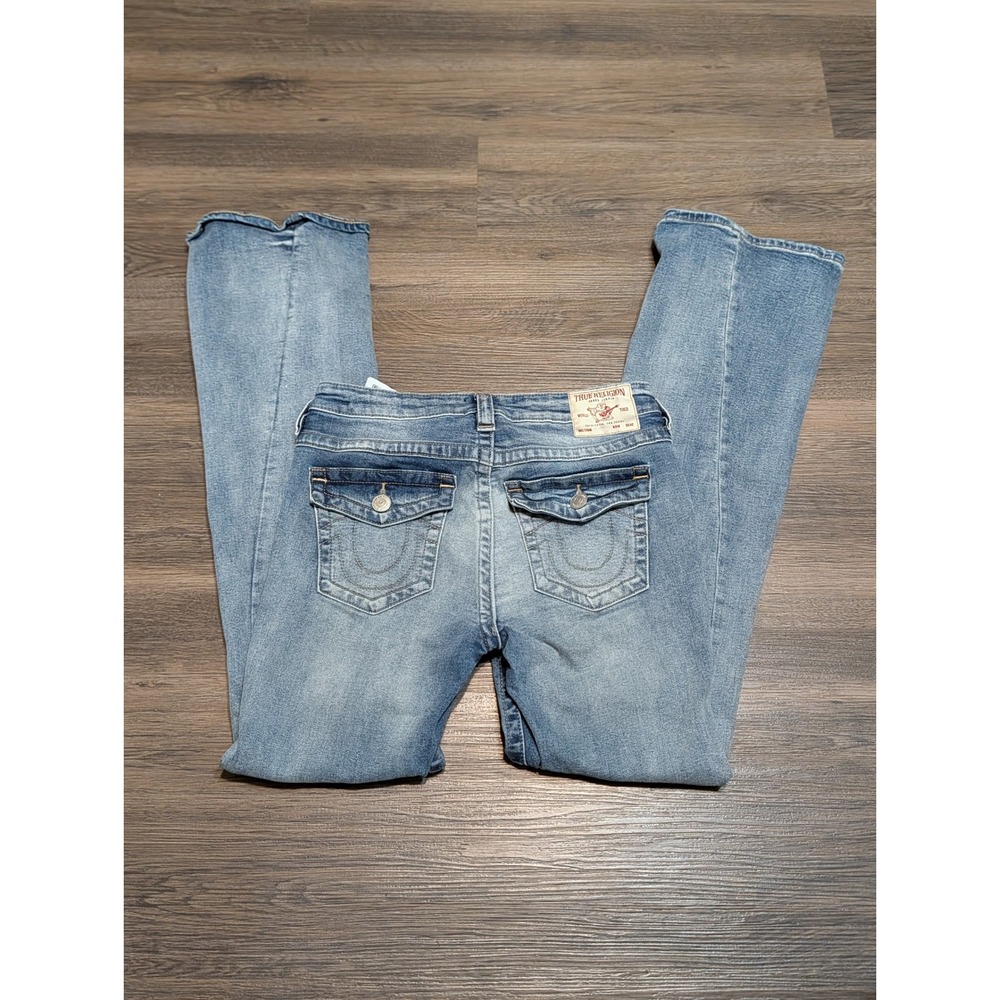 True Religion Joey Mid Rise Flare Distressed Jeans Light Wash Size 27 Y2K Denim
